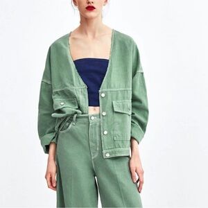 Zara TRF Slouchy Distressed Cropped Utility Jacket